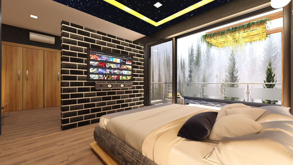 Пример оригинального дизайна: хозяйская спальня в стиле модернизм с черными стенами, полом из фанеры, угловым камином, фасадом камина из камня, разноцветным полом и потолком с обоями