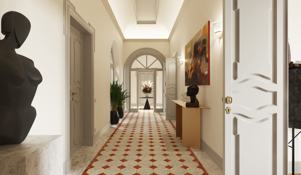 Idée de décoration pour un très grand couloir design avec un mur beige, un sol en marbre et un plafond voûté.