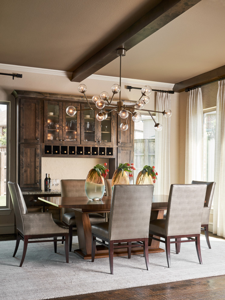 Kitchen/dining room combo - large transitional medium tone wood floor and brown floor kitchen/dining room combo idea in Los Angeles with beige walls and no fireplace