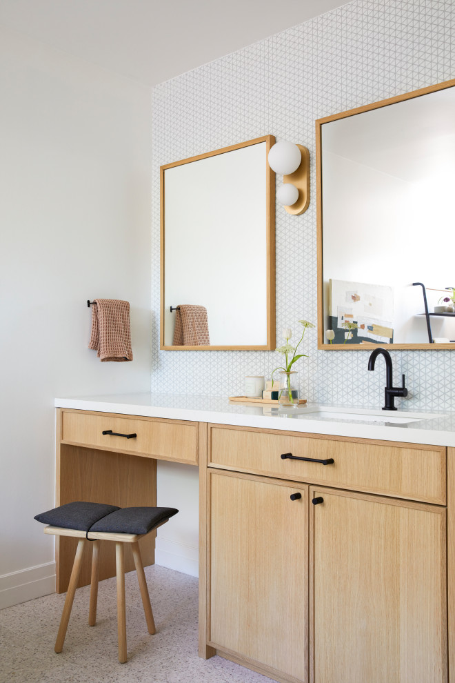 Design ideas for a large scandinavian master bathroom in San Francisco with shaker cabinets, light wood cabinets, a freestanding tub, a curbless shower, a bidet, white tile, glass tile, white walls, terrazzo floors, an undermount sink, engineered quartz benchtops, grey floor, an open shower, white benchtops, a niche, a double vanity and a built-in vanity.