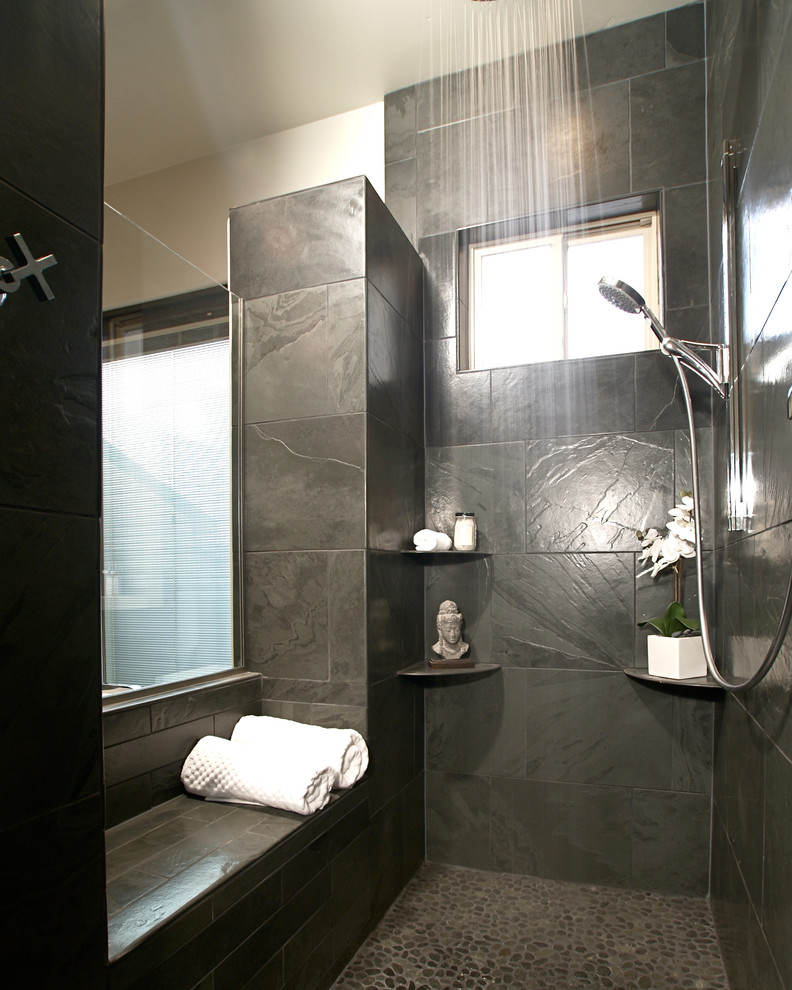 Mid-sized contemporary master bathroom in Phoenix with an open shower, gray tile, pebble tile and grey walls.