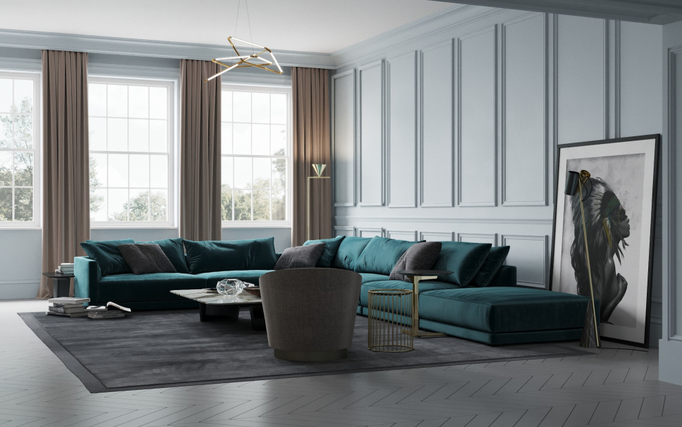 Интерьер зоны кухни-гостиной для загородного дома