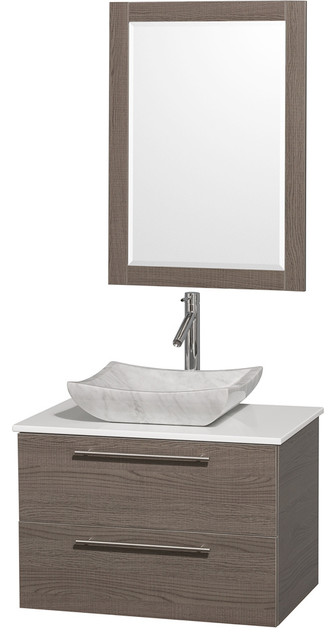 Amare 30in. Wall Vanity Set in Grey Oak w/ White Stone Top & Carrera Marble Si