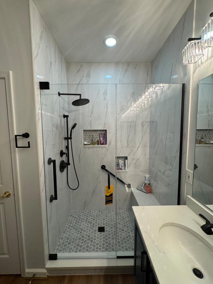Beautiful Bathroom Renovation with Custom Walk-In Shower & Blue Vanity