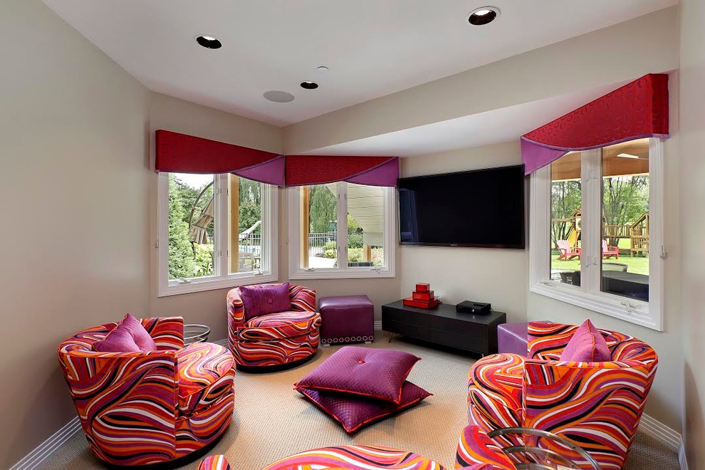 Photo of a contemporary kids' room for girls in Chicago with beige walls, carpet and beige floor.