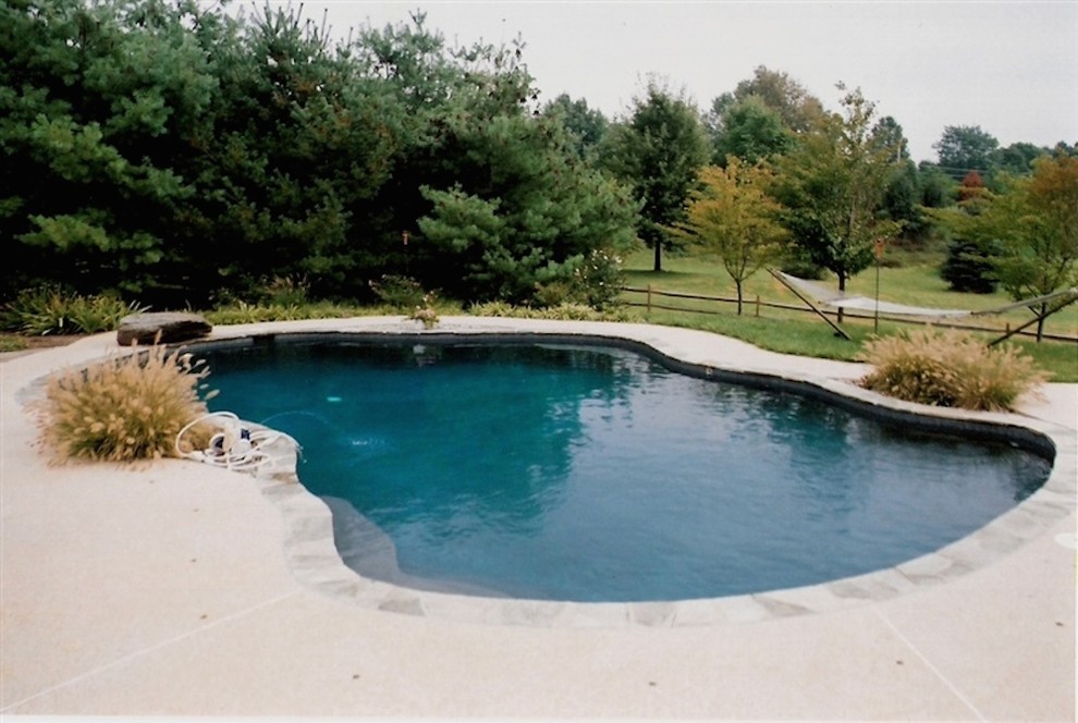 Example of a mid-sized backyard concrete paver and custom-shaped lap pool design in Baltimore