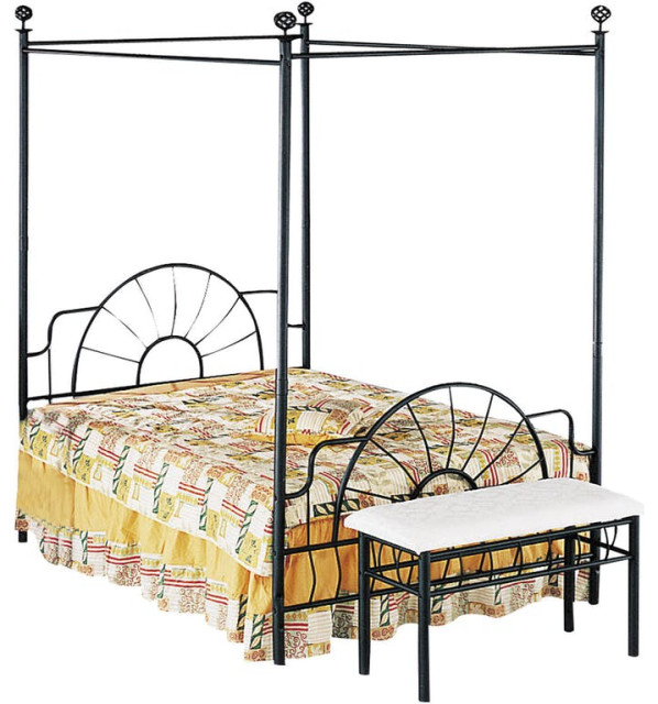 Metallic Queen Size Canopy Bed With Starburst style Headboard & Footboard, Black