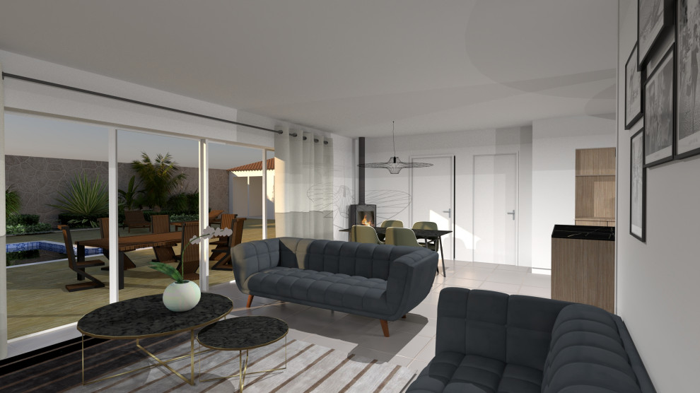 Foto di un soggiorno di medie dimensioni e aperto con stufa a legna, TV a parete e pavimento beige