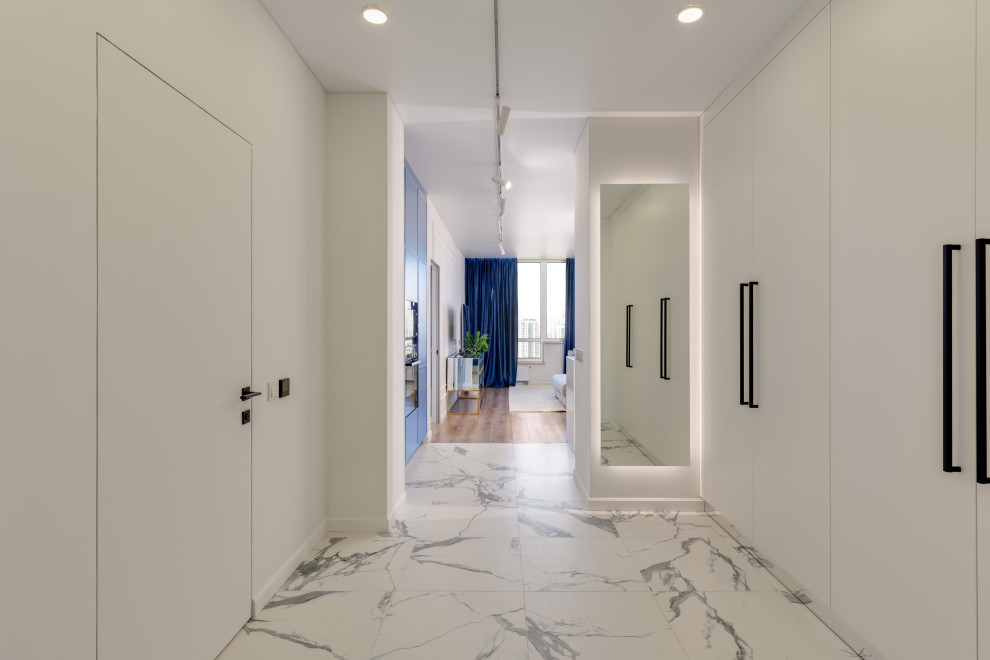 Inspiration for a medium sized modern entrance in Sydney with light hardwood flooring and beige floors.