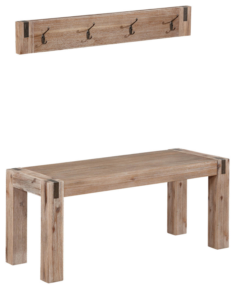 Woodstock Acacia Wood, Metal Coat Hook and Bench Set, Brushed Driftwood