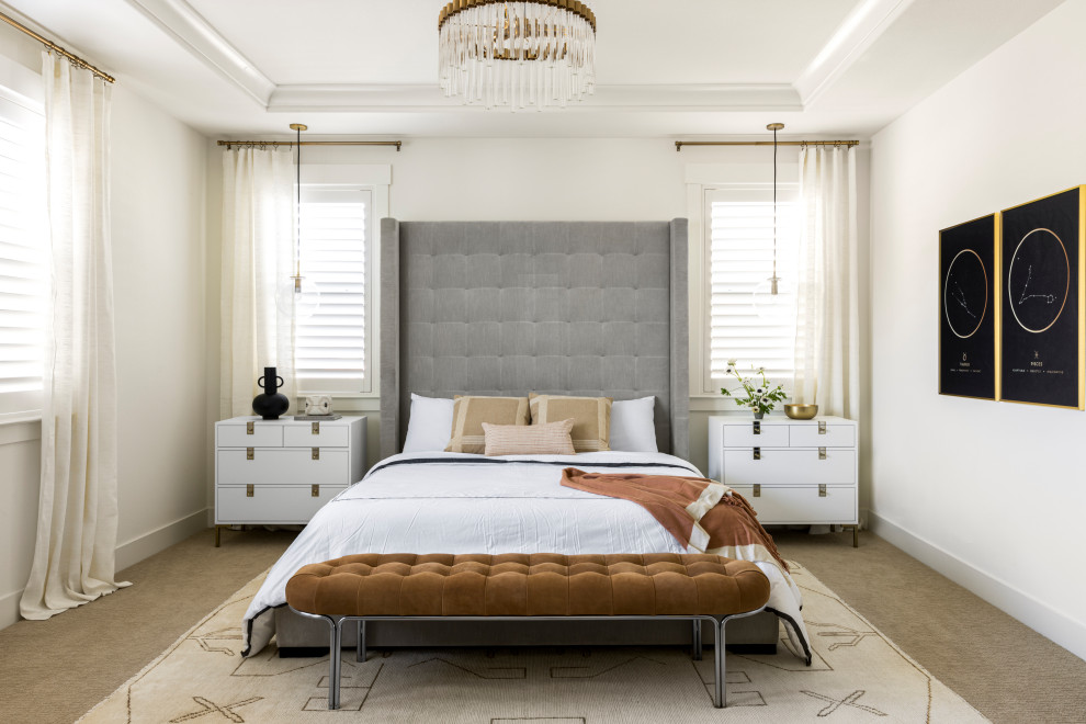 Design ideas for a transitional master bedroom in San Francisco with white walls, carpet, no fireplace and brown floor.