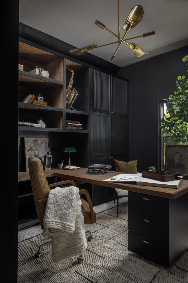 Idee per un atelier minimal di medie dimensioni con nessun camino, scrivania autoportante e soffitto ribassato