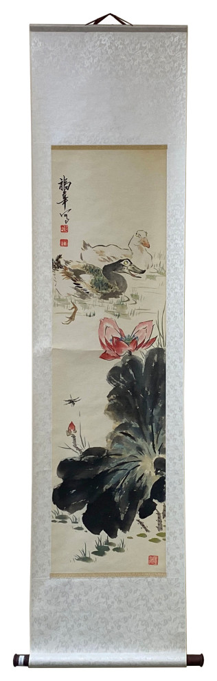 Chinese Color Ink Water Ducks Flower Pond Scroll Painting Wall Art Hws1972