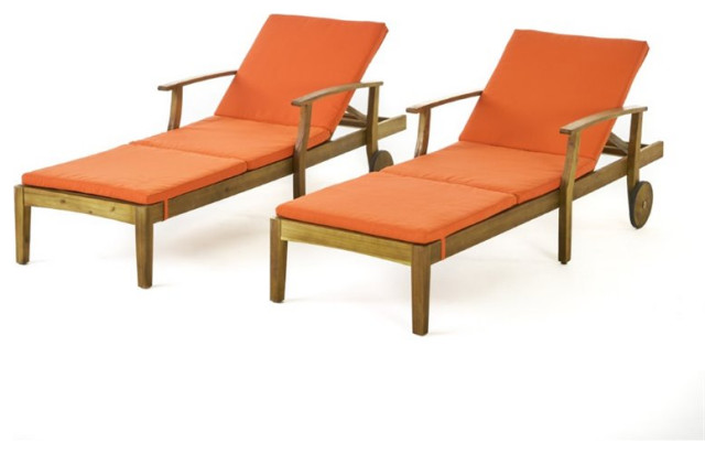 Noble House Perla Outdoor Chaise Lounge in Teak and Orange (Set of 2)