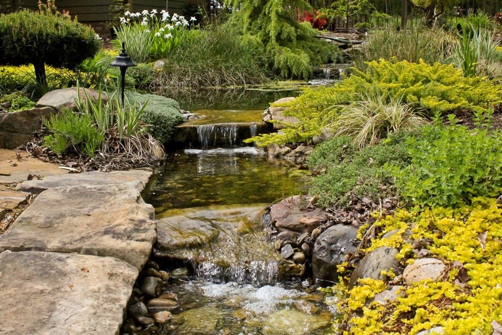 Photo of a large contemporary backyard partial sun garden in Raleigh with a water feature.