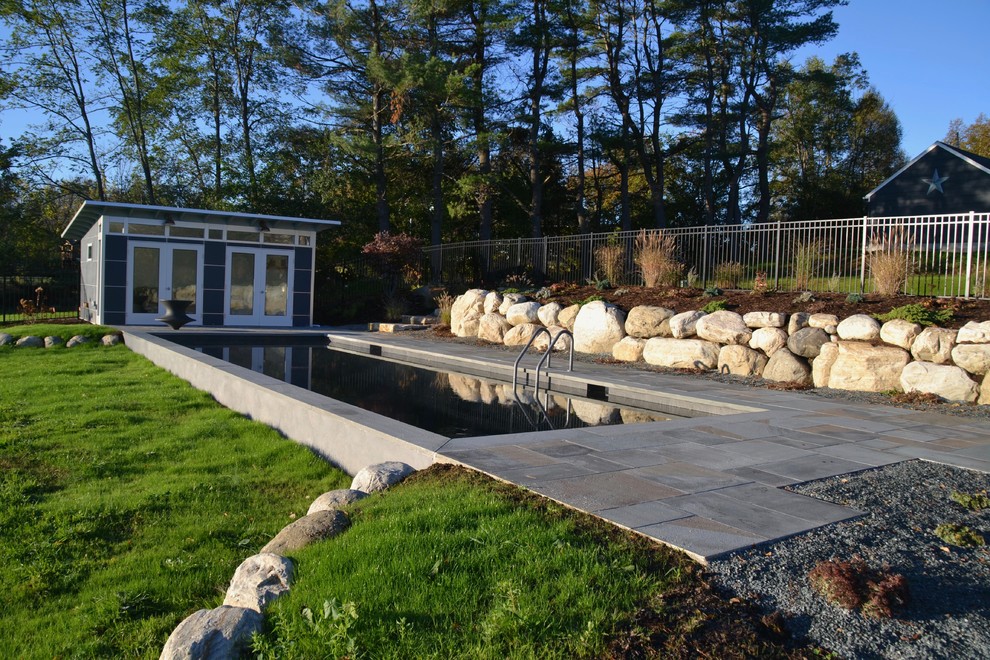 Example of a mid-sized trendy backyard stone and rectangular pool house design