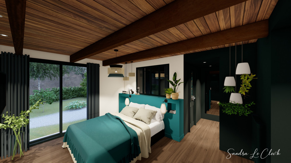 This is an example of a large tropical master bedroom in Other with blue walls, dark hardwood floors, timber and wallpaper.