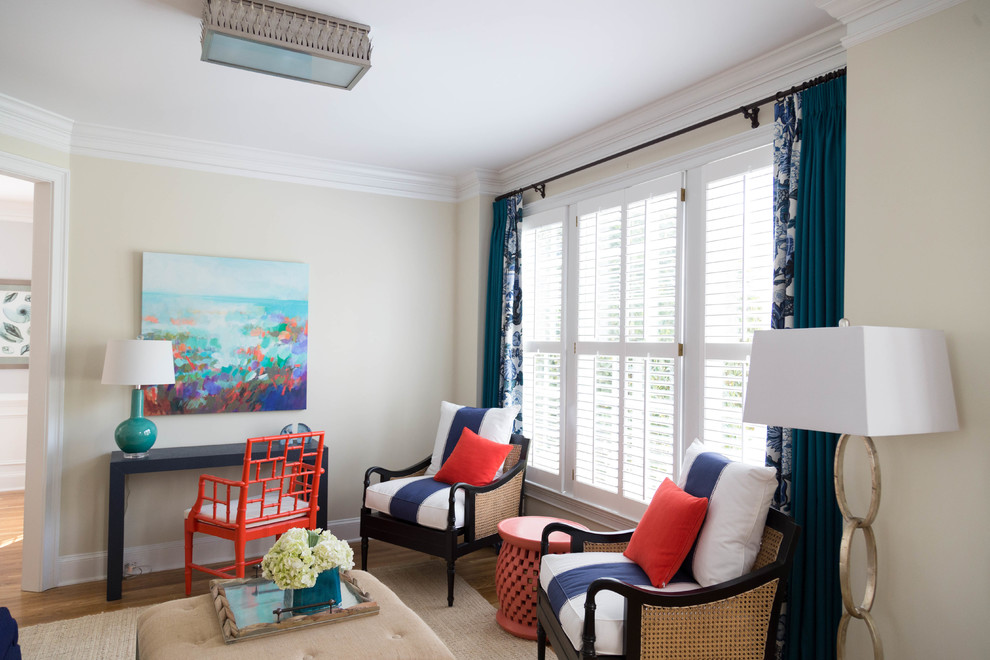 Living room - small transitional formal and enclosed carpeted living room idea in Atlanta with beige walls