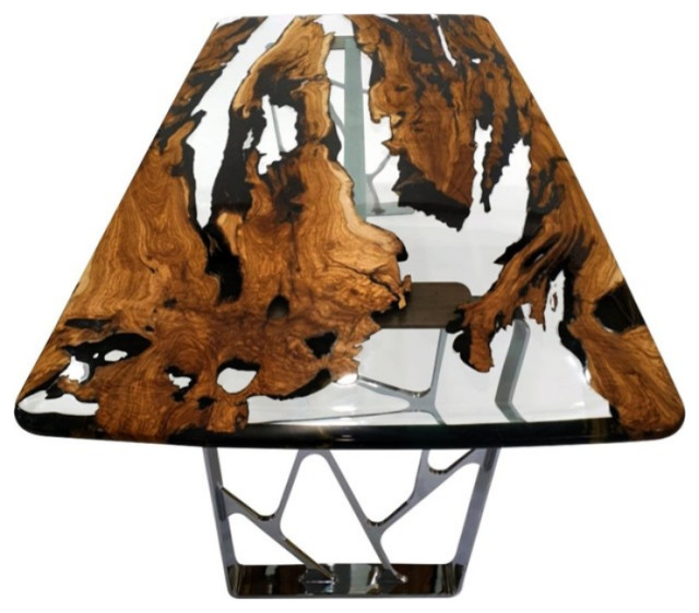 Rustic Olive Wood Dining Table, Epoxy Resin and Wood - Contemporary