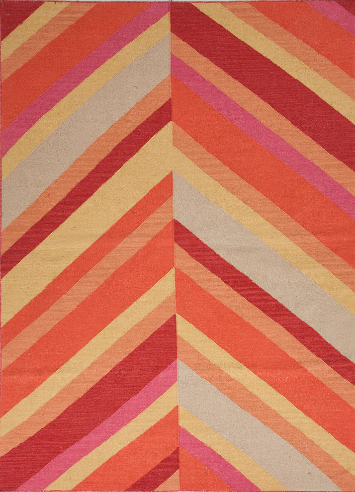 Flat-Weave Stripe Pattern Wool Orange/Red Area Rug (5 x 8)