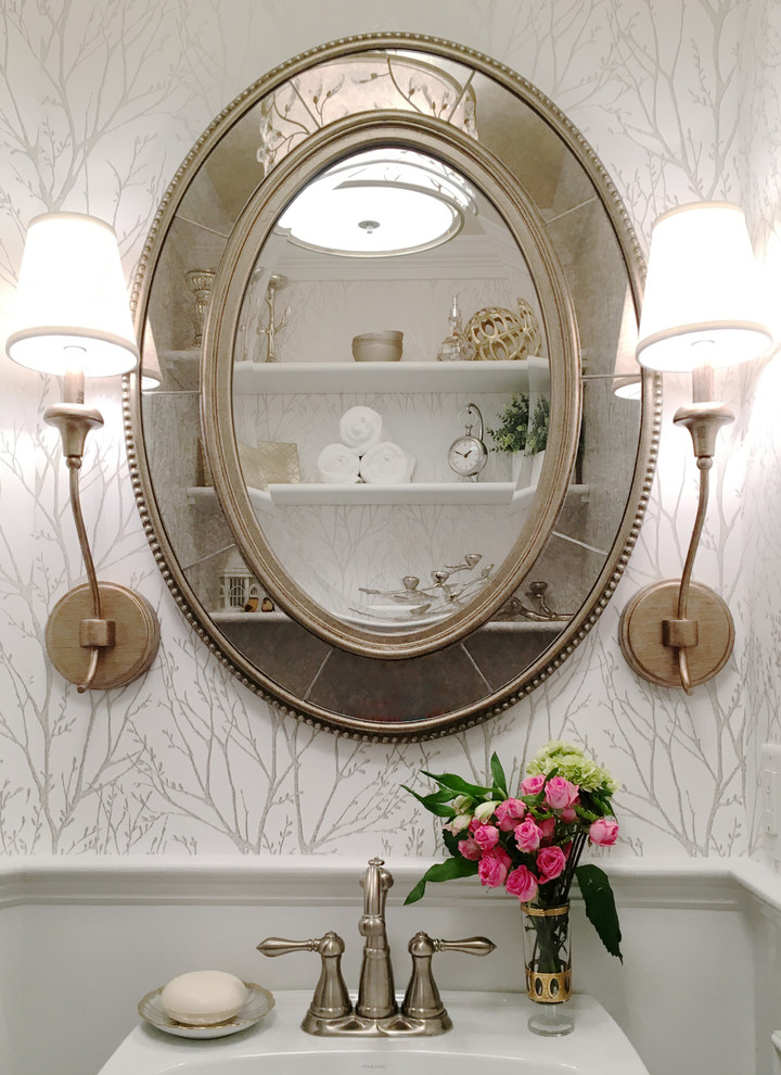 Design ideas for a small transitional powder room in Boston with a pedestal sink.