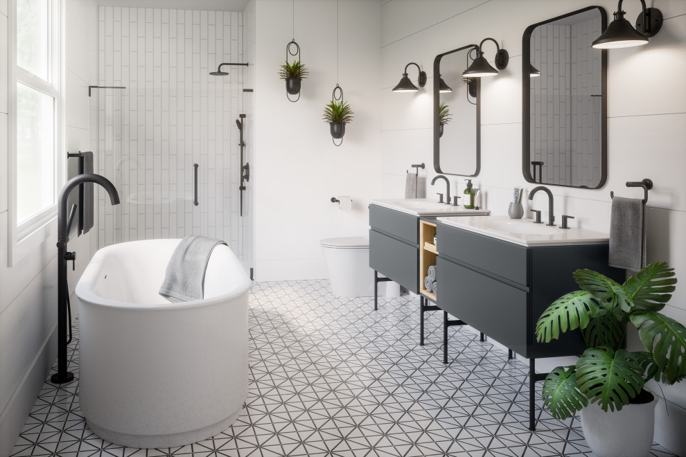 Esempio di una grande stanza da bagno padronale minimalista con ante grigie, vasca freestanding, doccia alcova, lavabo da incasso, un lavabo e mobile bagno freestanding