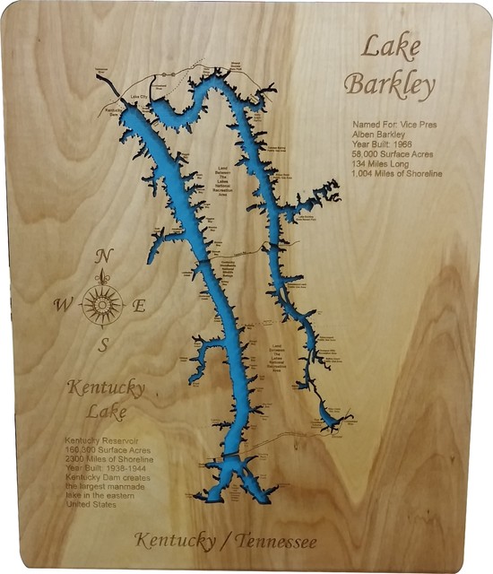 Wood Map Wall Hanging, Lake Barkley Kentucky and Kentucky Lake Tennessee, Small