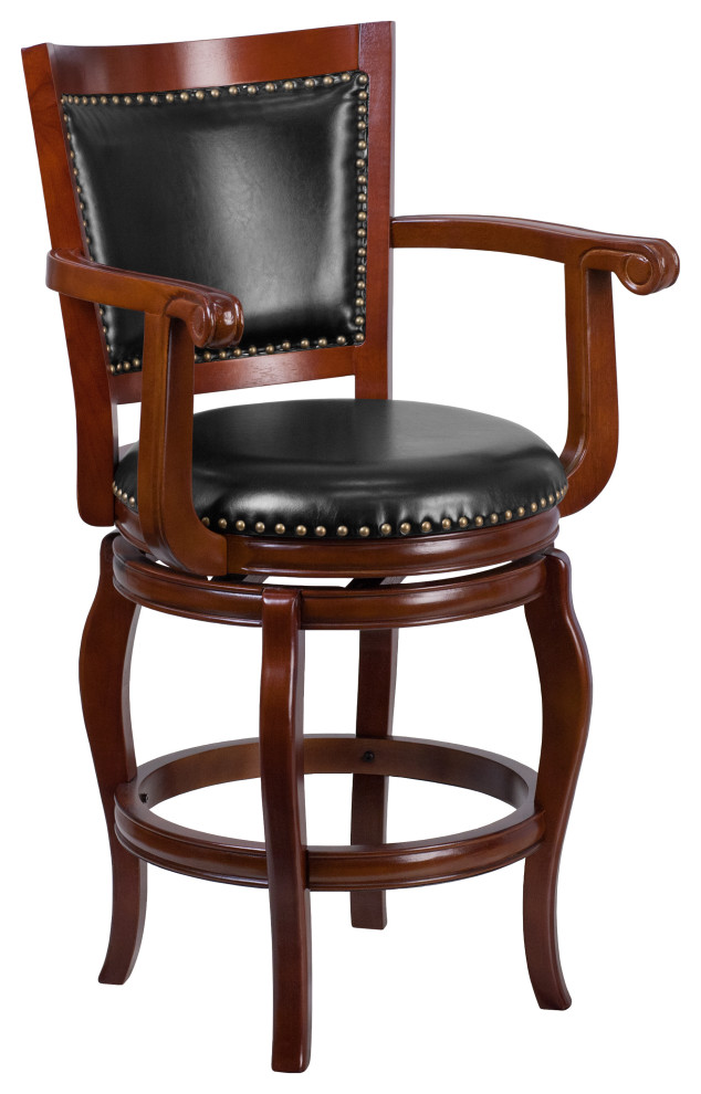 Wooden Stool With Arms and Faux Leather Swivel Seat Transitional