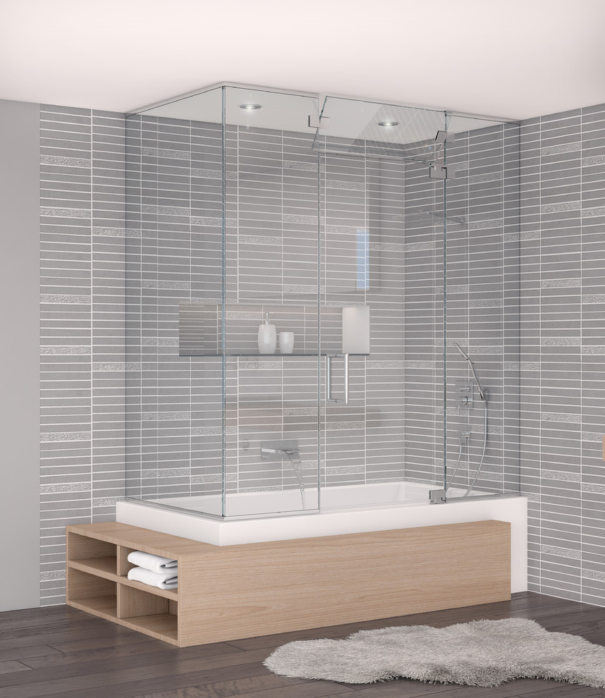 This is an example of an expansive contemporary master bathroom in New York with gray tile, ceramic tile, a shower/bathtub combo, grey walls and dark hardwood floors.