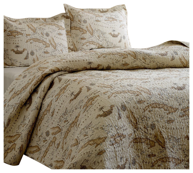 Full Queen Size 100 Cotton Caribbean Map Reversible Quilt Set