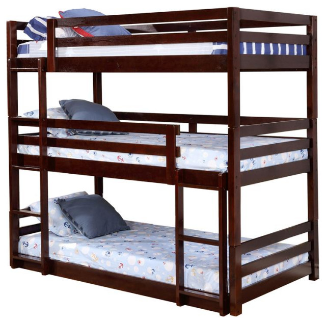 BEKids Traditional Solid Wood Twin Triple Bunk Bed in Java Brown