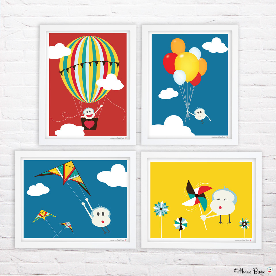 Windy Day Set of 4 Nursery Art Print 11"x14" by Monkie Birdie