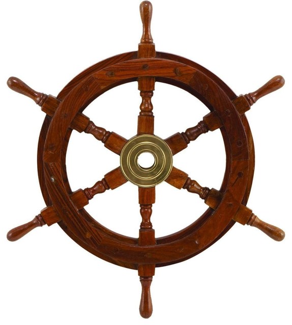 18in. Dia Wood Brass Ship Polystone Wheel