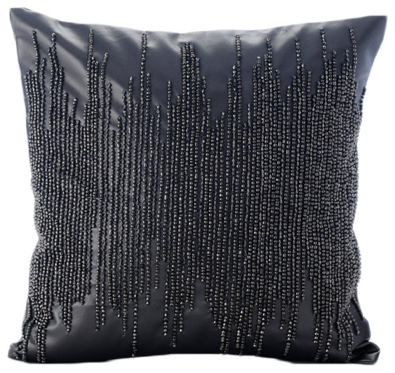 Metallic Beaded Faux Leather Gray Throw Pillow Covers, Leather Spill