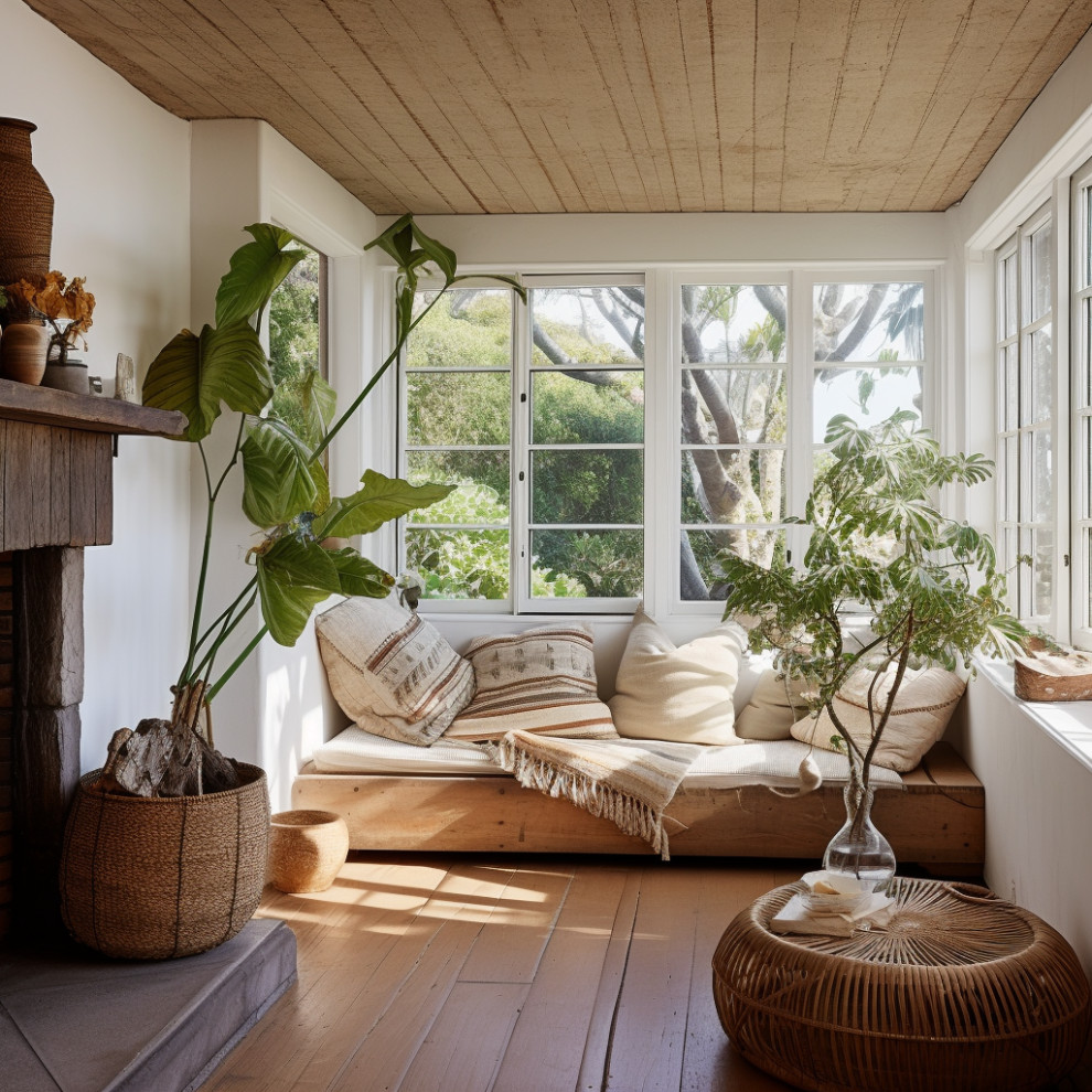 Esempio di una veranda stile marino con pavimento in legno massello medio, camino classico, soffitto classico e pavimento marrone