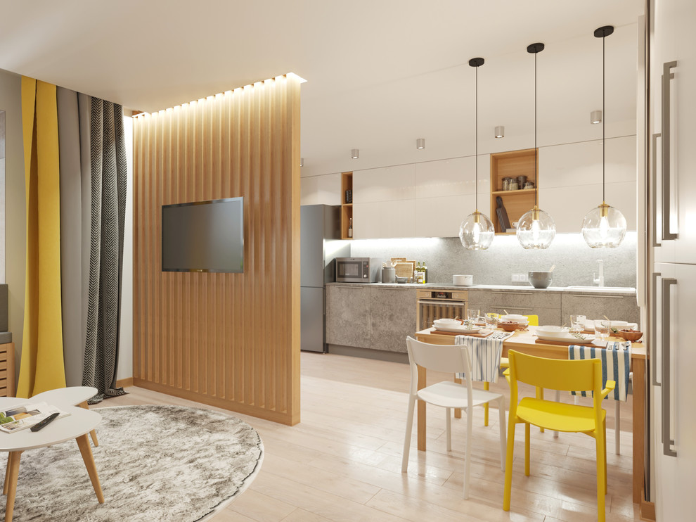 Дизайн объединенного пространства кухни-гостиной для молодой пары, 2 вариант