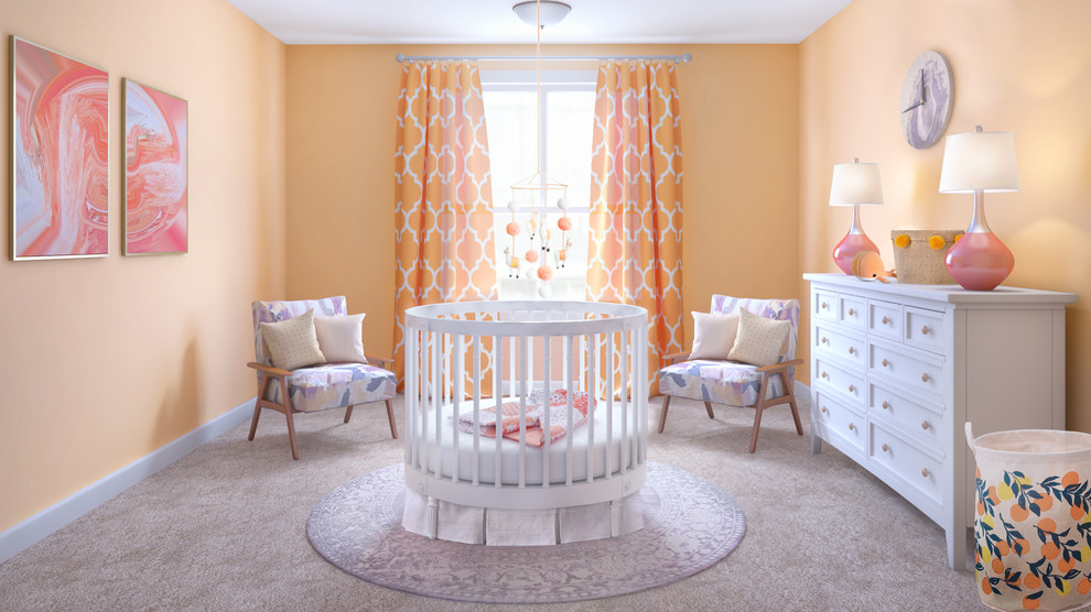 This is an example of a small transitional nursery for girls in Los Angeles with orange walls, carpet and beige floor.