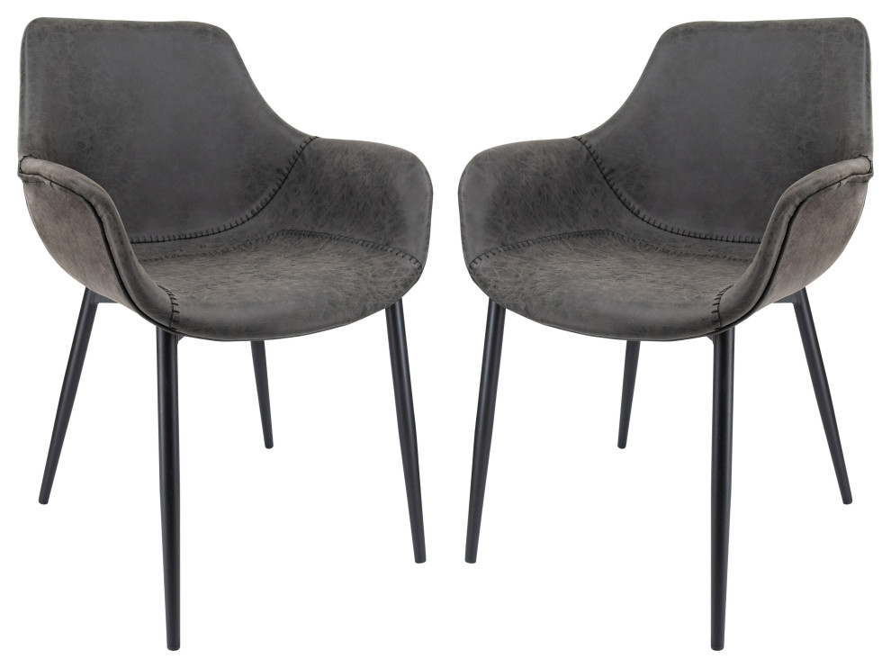 Modern Leather Dining Arm Chair, Metal Legs Set of 2, Charcoal Black, EC26BL2