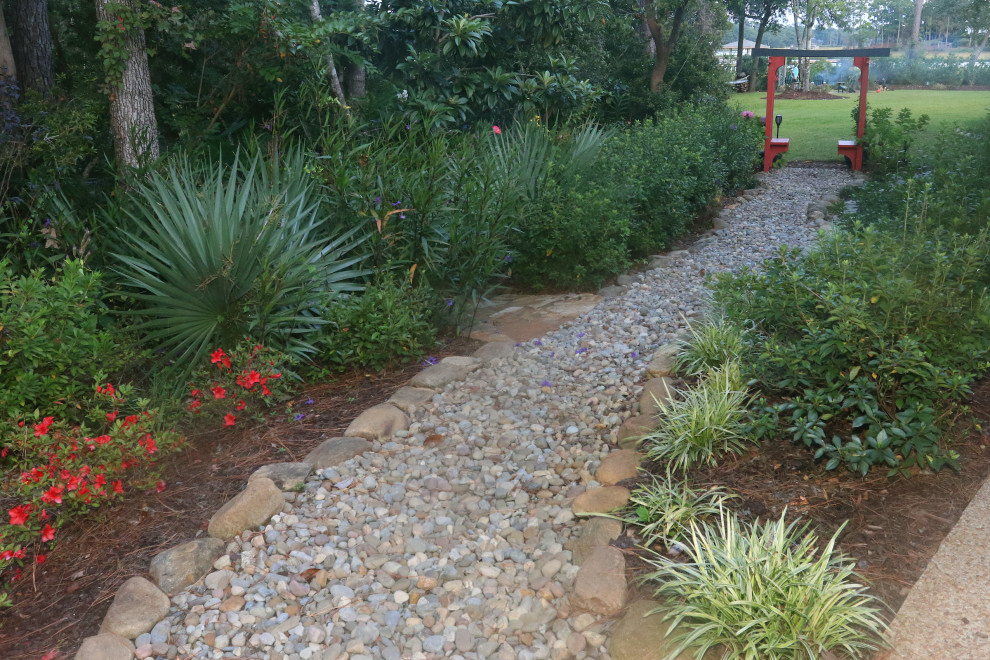 Design ideas for an asian backyard garden in Other with with path and river rock.