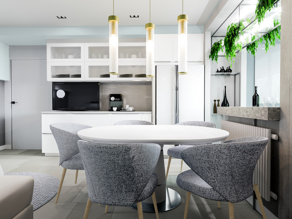 Soft-minimal кухня-гостиная с панорамным остеклением