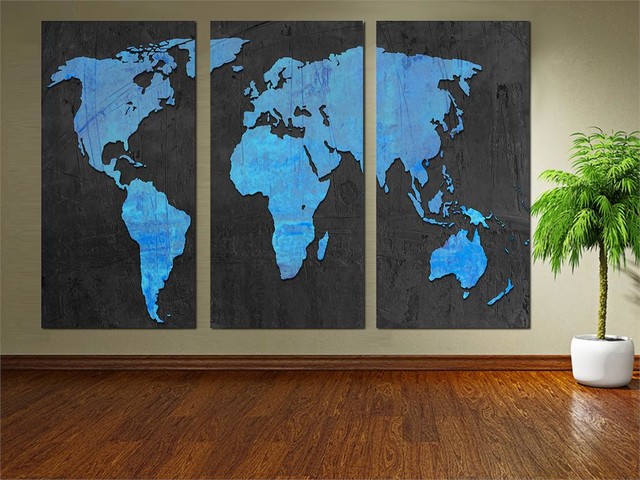 Dodger Blue and Black World Map Canvas Print, 3 Panel Split, Triptych ...