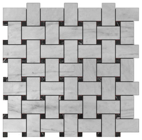 12"x12" Carrara Marble Basketweave Mosaic Tile, Nero Marquina Black Dots Honed