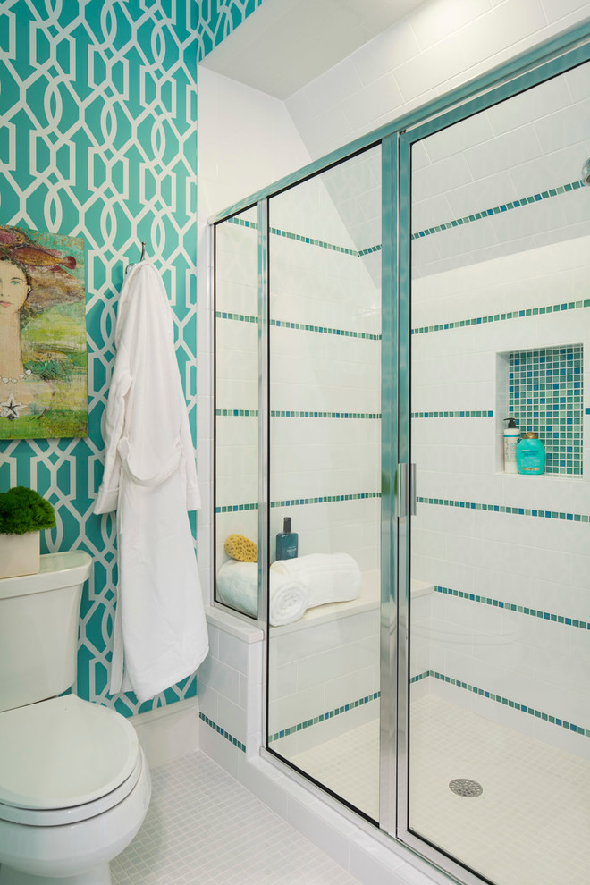 Transitional 3/4 bathroom in Minneapolis with multi-coloured walls, an alcove shower, a two-piece toilet, mosaic tile, mosaic tile floors, blue tile, green tile and white tile.
