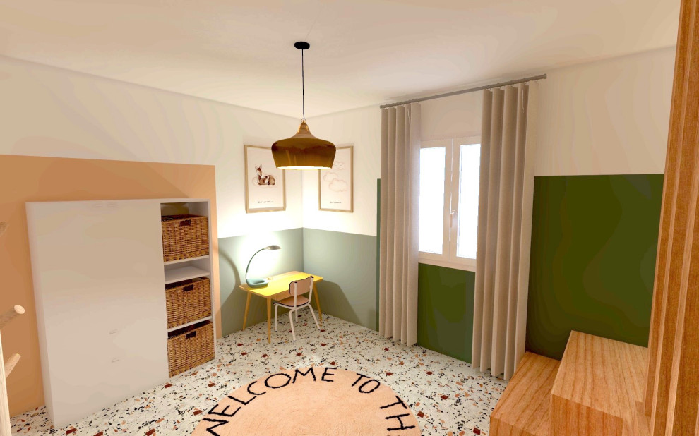 Photo of a mid-sized scandinavian gender-neutral kids' bedroom for kids 4-10 years old in Other with multi-coloured walls and linoleum floors.