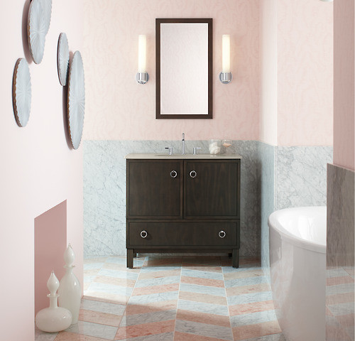 Freestanding bathtub - large transitional master gray tile and stone slab marble floor freestanding bathtub idea with an integrated sink, flat-panel cabinets, dark wood cabinets, solid surface countertops and pink walls