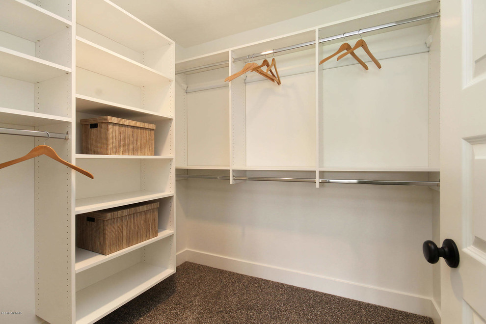 Inspiration for a mid-sized traditional walk-in wardrobe in Grand Rapids with open cabinets, white cabinets, carpet and brown floor.