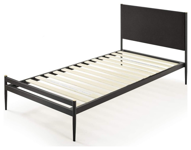Modern Twin Size Platform Bed, Padded Upholstered Headboard, Black