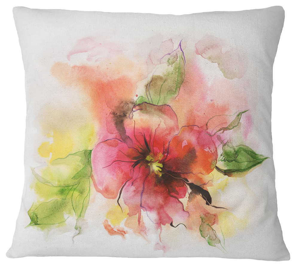 Pink And Red Floral Design Watercolor Floral Throw Pillow, 18"x18"