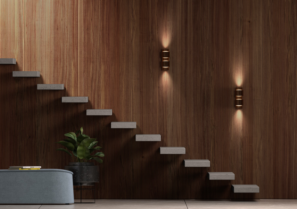 Photo of a large modern wood floating staircase in San Diego.
