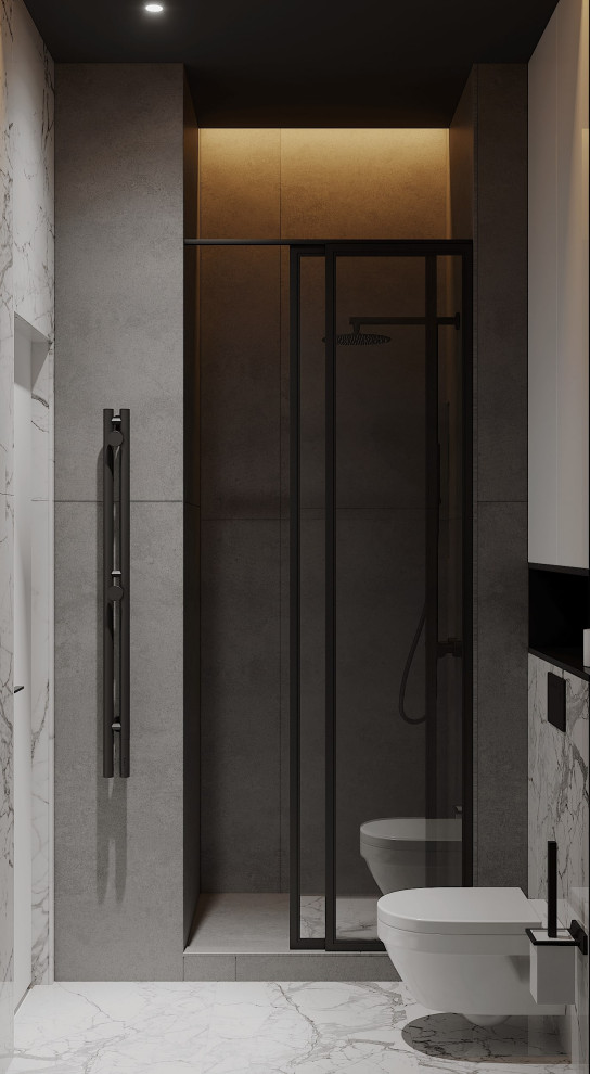 Immagine di una piccola stanza da bagno design con ante bianche, zona vasca/doccia separata, WC sospeso, pavimento in gres porcellanato, lavabo da incasso, pavimento bianco, porta doccia scorrevole, un lavabo e soffitto ribassato